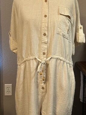 Aakaa Cream Button-Front Utility Jumpsuit with Pockets